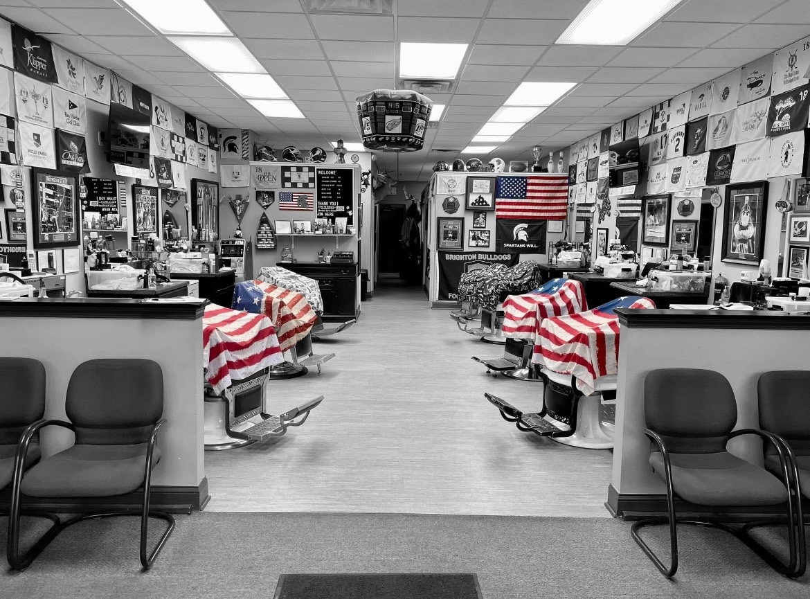 Interior of Brighton Barbers shop with barber chairs and stations
